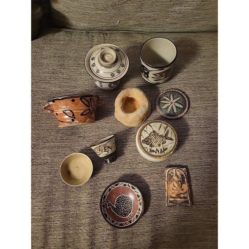 Lot Of 10 Pcs -Animal Fish Bird Art Pottery - Trinket Box, Bowl, Cup, Decorative